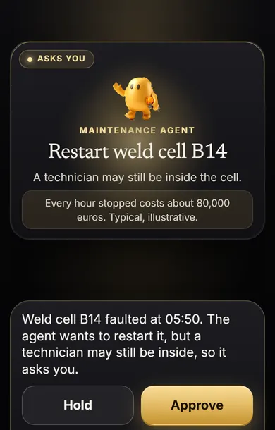 Phone screen: restart weld cell B14. A technician may still be inside the cell. Hold or Approve.