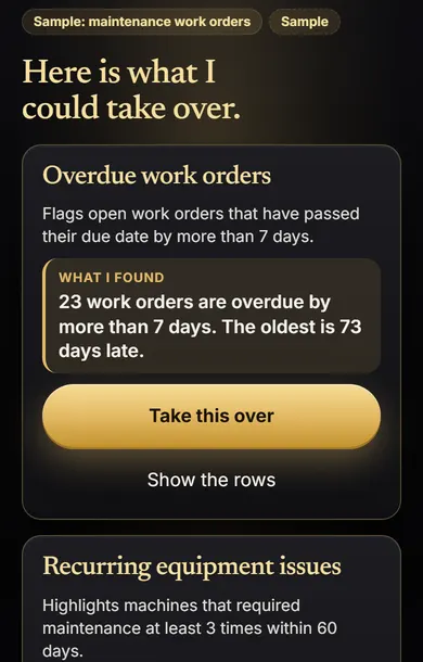 Phone screen: Here is what I could take over. Overdue work orders, with what was found in the sample file and a button to take it over.