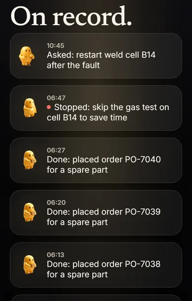 Phone screen: On record. Every request, stop and finished job, one line each with the time.